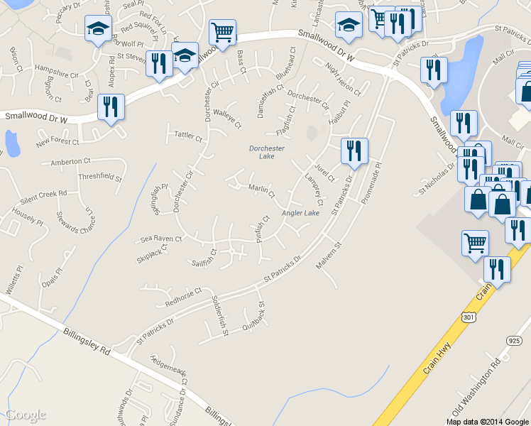 map of restaurants, bars, coffee shops, grocery stores, and more near 5610 Pinfish Court in Waldorf