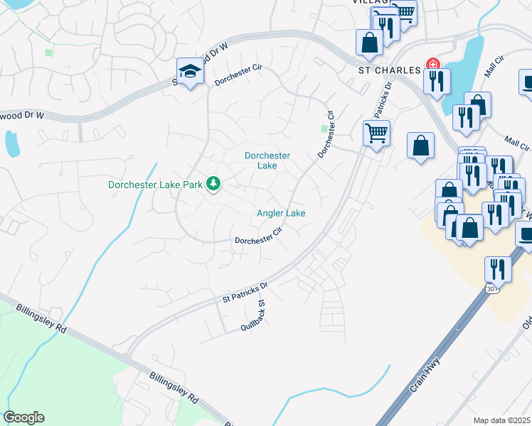 map of restaurants, bars, coffee shops, grocery stores, and more near 5610 Pinfish Court in Waldorf