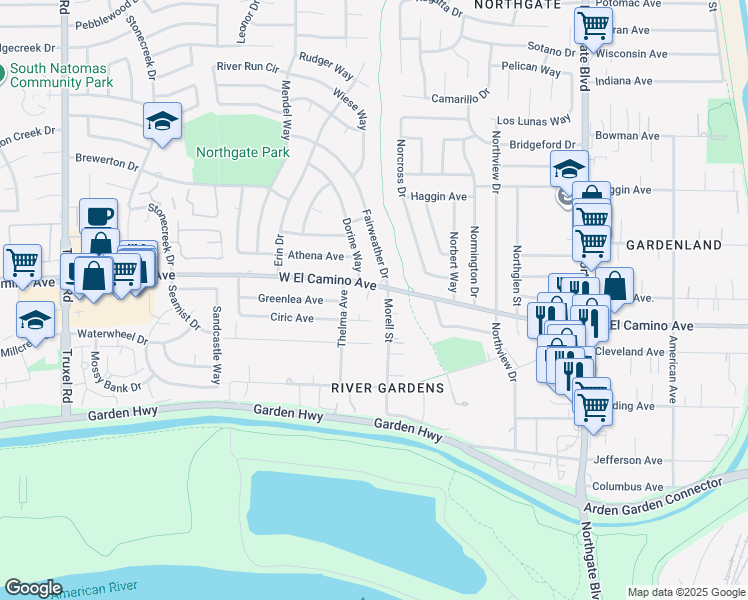 map of restaurants, bars, coffee shops, grocery stores, and more near 1012 Virgil Court in Sacramento