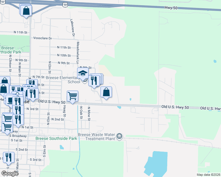 map of restaurants, bars, coffee shops, grocery stores, and more near 517 Mason Drive in Breese