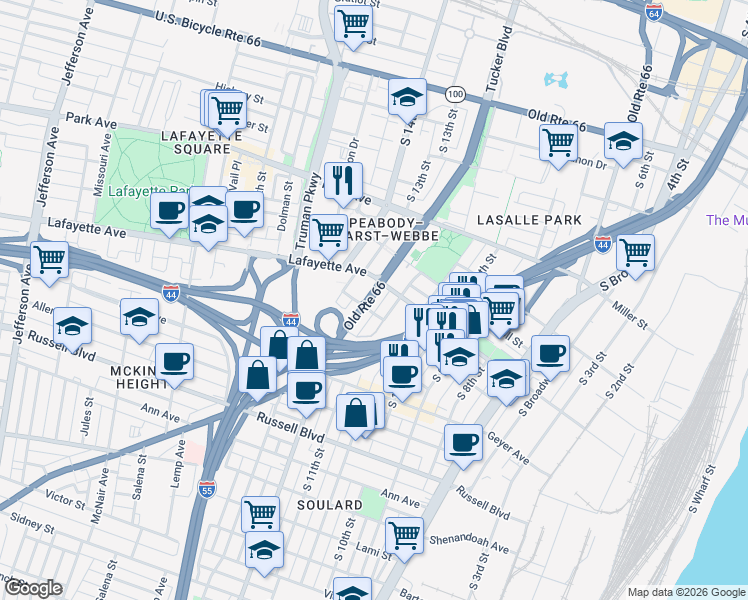 map of restaurants, bars, coffee shops, grocery stores, and more near 1718 South Tucker Boulevard in St. Louis