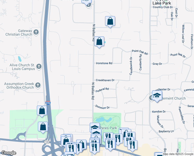 map of restaurants, bars, coffee shops, grocery stores, and more near 12385 Creekhaven Drive in Des Peres