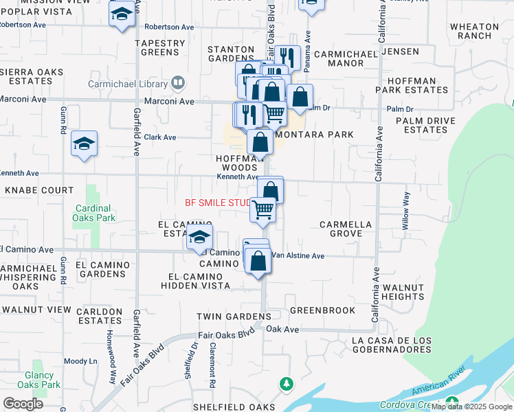 map of restaurants, bars, coffee shops, grocery stores, and more near 6041 Fair Oaks Boulevard in Carmichael