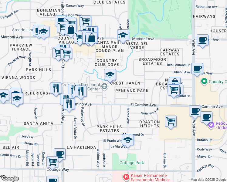 map of restaurants, bars, coffee shops, grocery stores, and more near 2901 El Camino Avenue in Sacramento