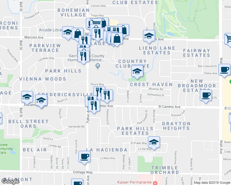 map of restaurants, bars, coffee shops, grocery stores, and more near 2741 El Camino Avenue in Sacramento