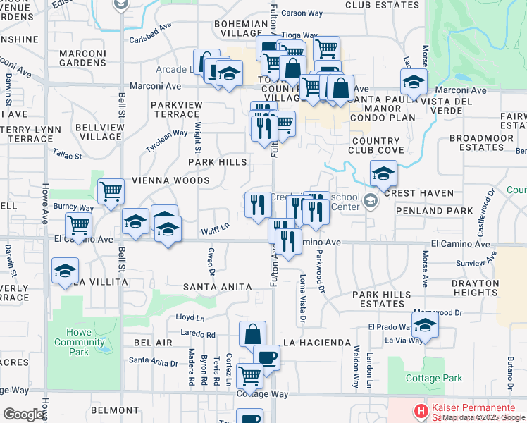 map of restaurants, bars, coffee shops, grocery stores, and more near 2509 Fulton Avenue in Sacramento
