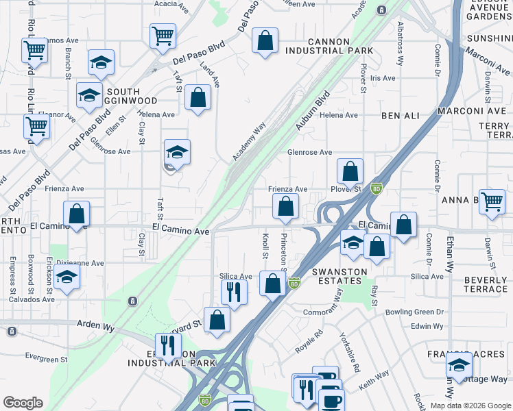 map of restaurants, bars, coffee shops, grocery stores, and more near 1401 El Camino Avenue in Sacramento
