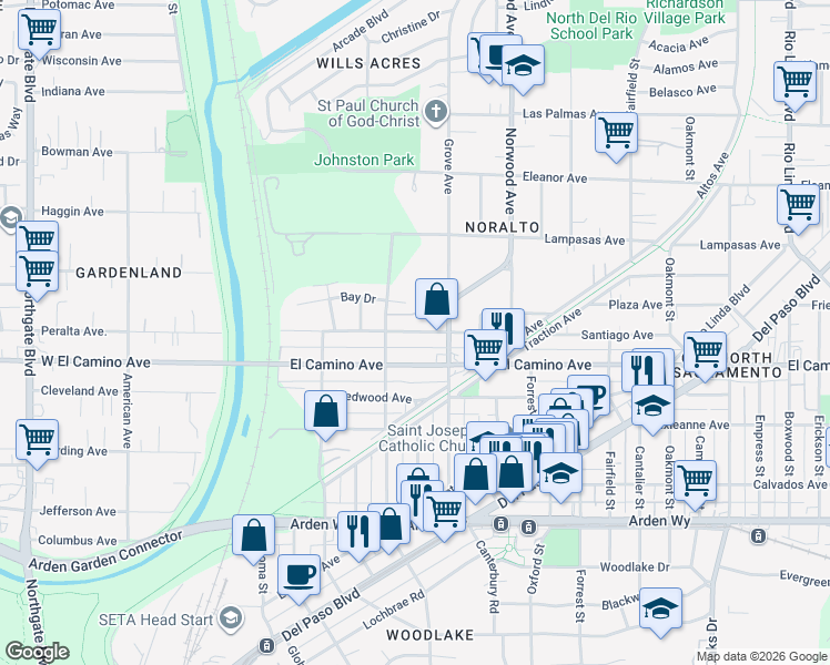 map of restaurants, bars, coffee shops, grocery stores, and more near 233 El Camino Avenue in Sacramento