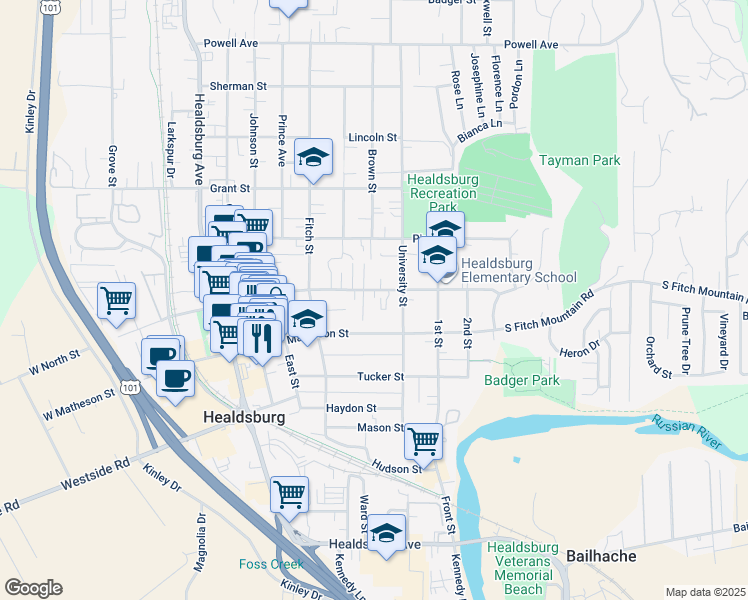 map of restaurants, bars, coffee shops, grocery stores, and more near 401 Matheson Street in Healdsburg