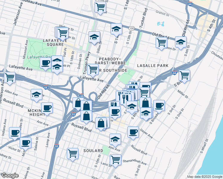 map of restaurants, bars, coffee shops, grocery stores, and more near 1700 South 11th Street in St. Louis