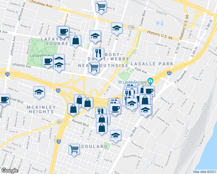 map of restaurants, bars, coffee shops, grocery stores, and more near 1810 South Tucker Boulevard in St. Louis