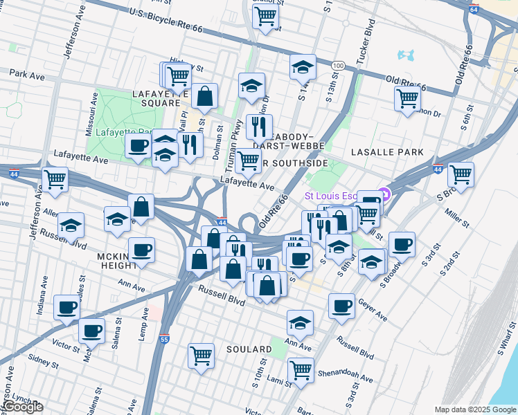 map of restaurants, bars, coffee shops, grocery stores, and more near 1812 South 13th Street in St. Louis
