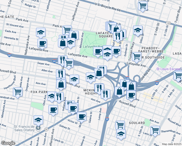 map of restaurants, bars, coffee shops, grocery stores, and more near 2040 Geyer Avenue in St. Louis