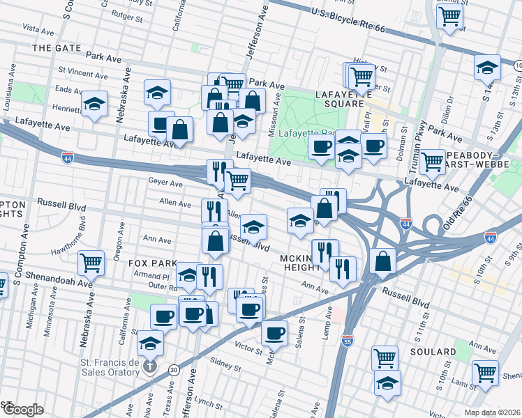 map of restaurants, bars, coffee shops, grocery stores, and more near 2141 Allen Avenue in St. Louis