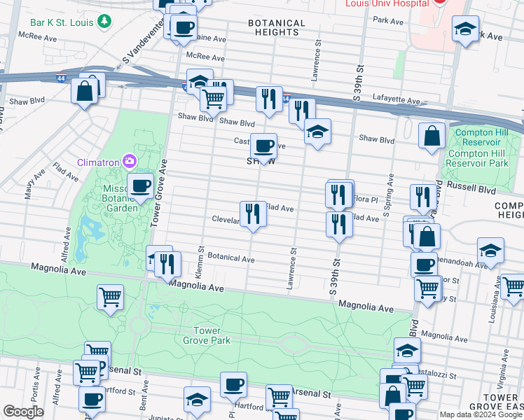 map of restaurants, bars, coffee shops, grocery stores, and more near 4049 Cleveland Avenue in St. Louis