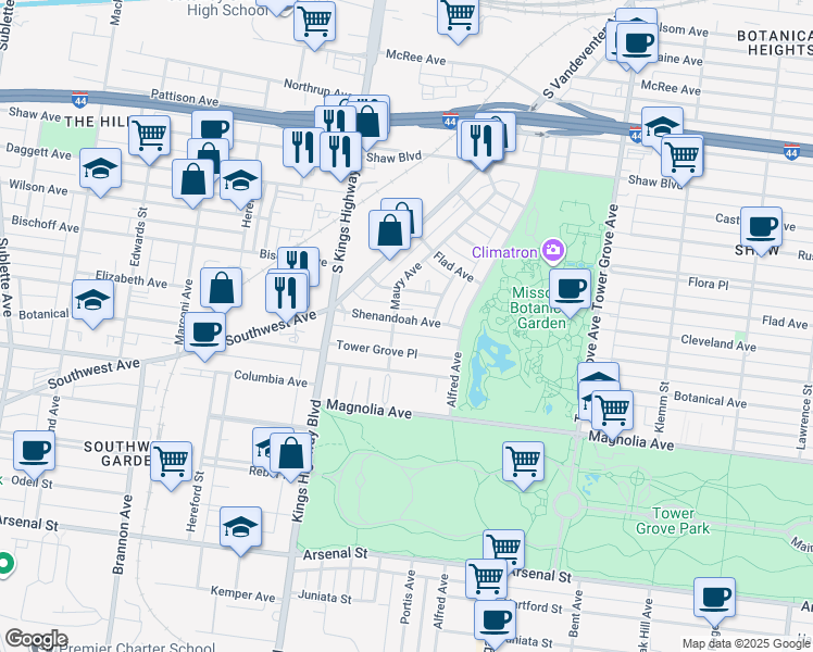map of restaurants, bars, coffee shops, grocery stores, and more near 4537 Tower Grove Place in St. Louis