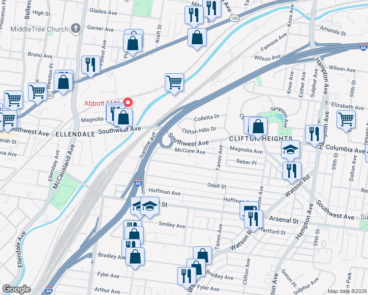map of restaurants, bars, coffee shops, grocery stores, and more near 6553R Marmaduke Avenue in St. Louis