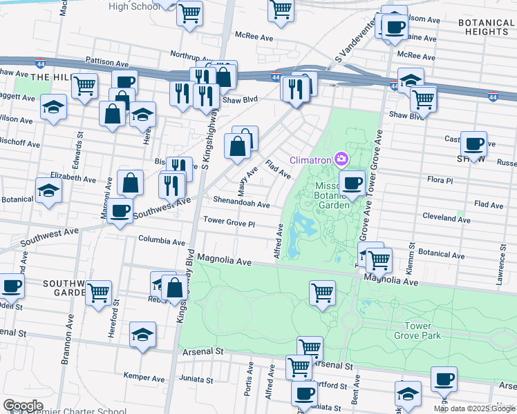 map of restaurants, bars, coffee shops, grocery stores, and more near 4538 Shenandoah Avenue in St. Louis