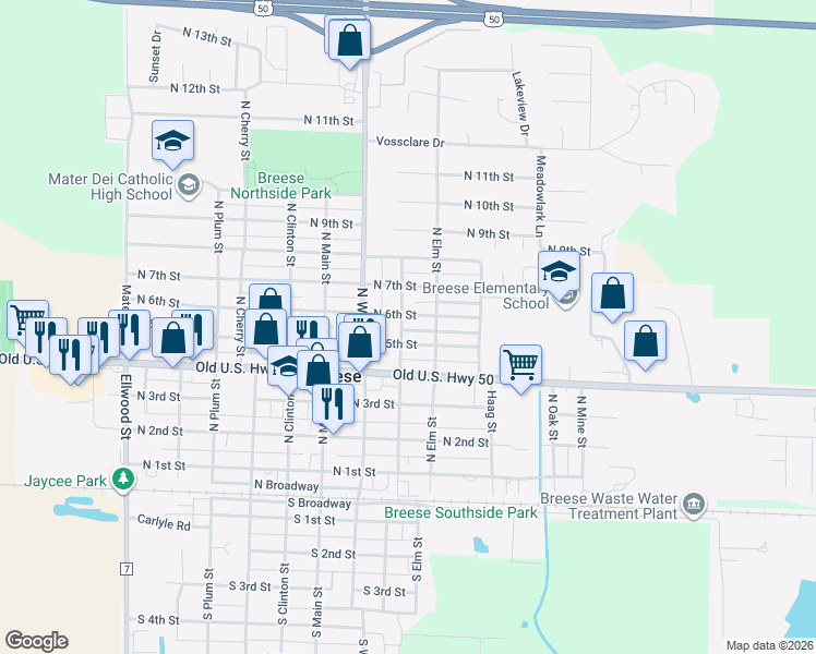 map of restaurants, bars, coffee shops, grocery stores, and more near 503 North Chestnut Street in Breese