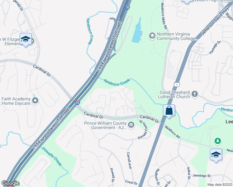 map of restaurants, bars, coffee shops, grocery stores, and more near 15659 Mendoza Lane in Woodbridge