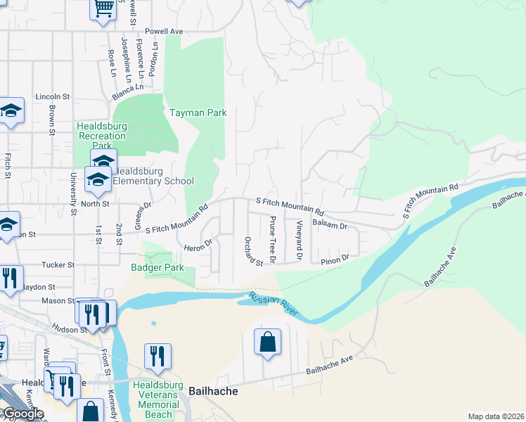 map of restaurants, bars, coffee shops, grocery stores, and more near 1143 Hillside Drive in Healdsburg