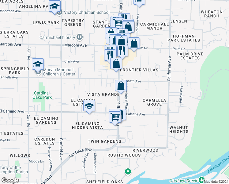 map of restaurants, bars, coffee shops, grocery stores, and more near 6101 Fair Oaks Boulevard in Carmichael