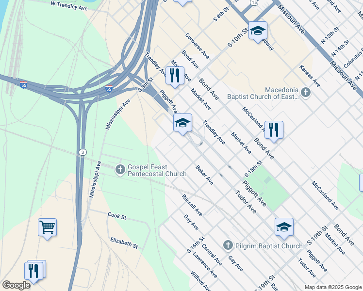 map of restaurants, bars, coffee shops, grocery stores, and more near 1213 Baker Avenue in East St. Louis