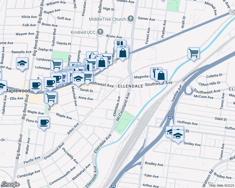 map of restaurants, bars, coffee shops, grocery stores, and more near 2750 Ellendale Avenue in St. Louis