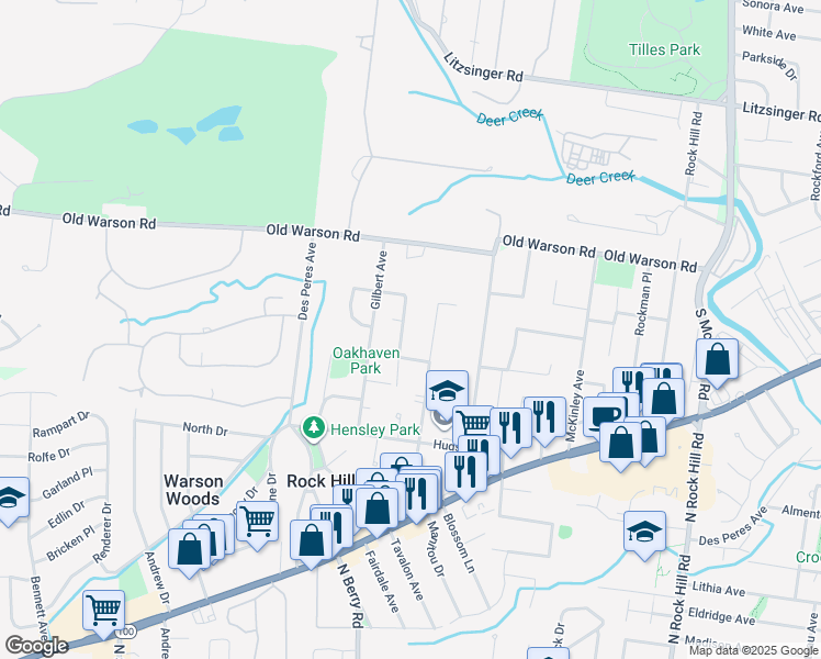 map of restaurants, bars, coffee shops, grocery stores, and more near 9835 Oak Haven Avenue in St. Louis