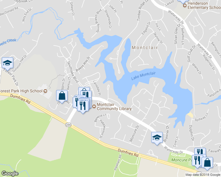 map of restaurants, bars, coffee shops, grocery stores, and more near 15765 Widewater Drive in Dumfries