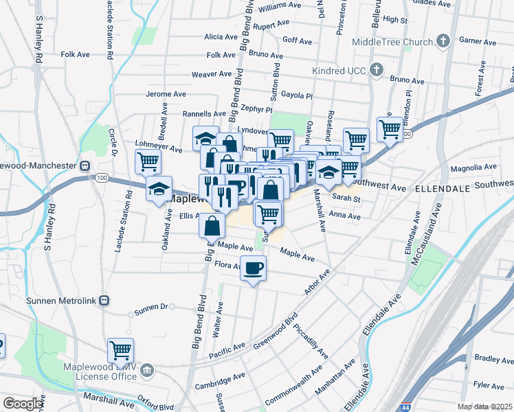 map of restaurants, bars, coffee shops, grocery stores, and more near 2731 Sutton Boulevard in Maplewood