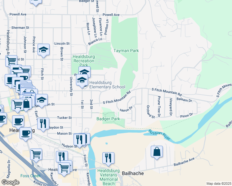 map of restaurants, bars, coffee shops, grocery stores, and more near 401 Fairway Court in Healdsburg