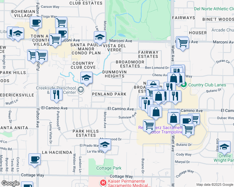 map of restaurants, bars, coffee shops, grocery stores, and more near 3124 Hampshire Drive in Sacramento