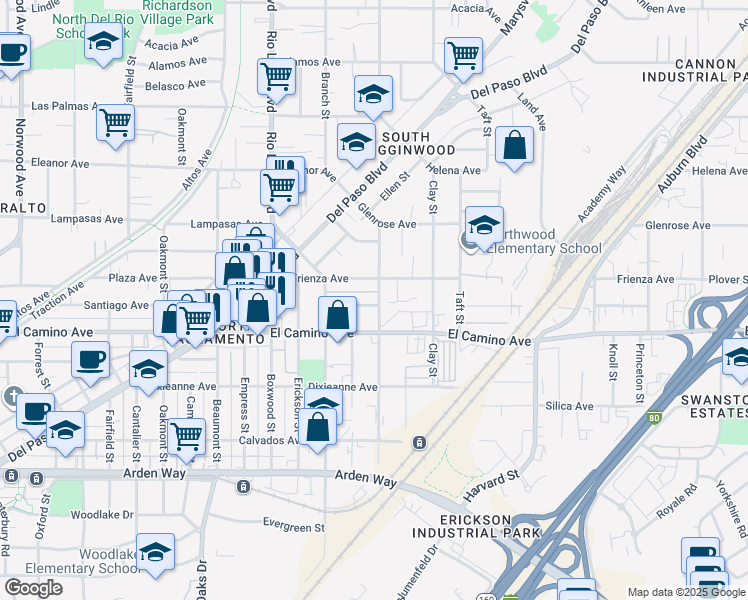 map of restaurants, bars, coffee shops, grocery stores, and more near 1099 El Camino Avenue in Sacramento