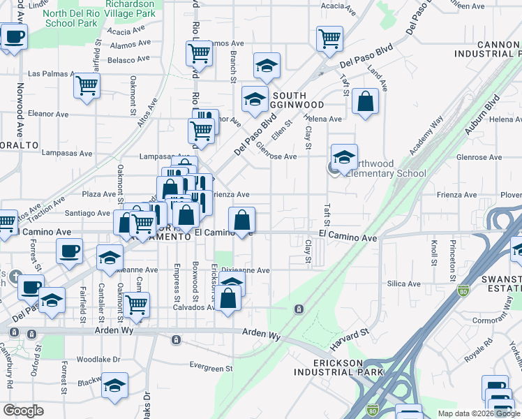 map of restaurants, bars, coffee shops, grocery stores, and more near 1099 El Camino Avenue in Sacramento
