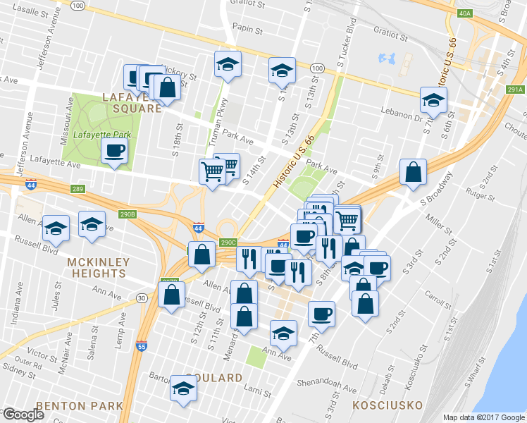map of restaurants, bars, coffee shops, grocery stores, and more near 1708 South Tucker Boulevard in St. Louis