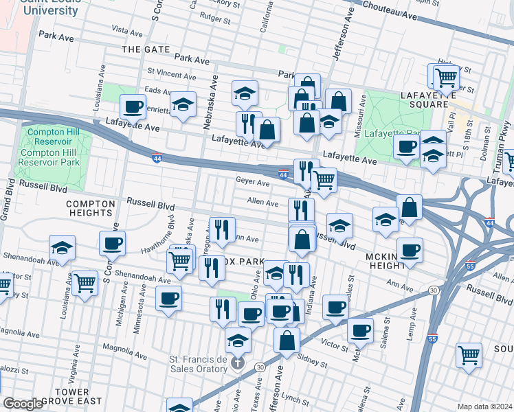 map of restaurants, bars, coffee shops, grocery stores, and more near 2726 Russell Boulevard in St. Louis