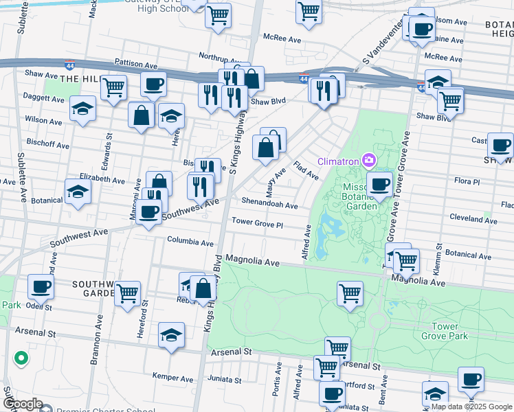 map of restaurants, bars, coffee shops, grocery stores, and more near 4601 Tower Grove Place in St. Louis