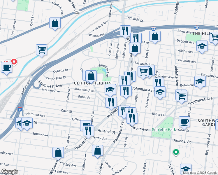map of restaurants, bars, coffee shops, grocery stores, and more near 6115 Southwest Avenue in St. Louis