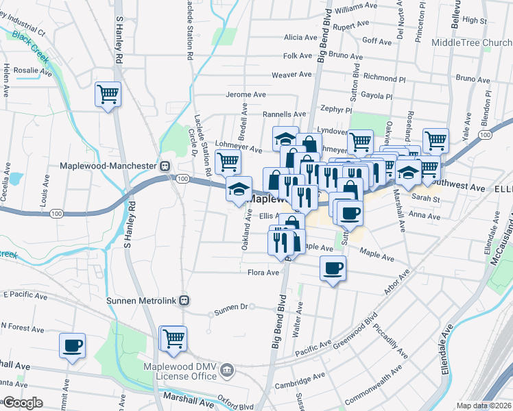 map of restaurants, bars, coffee shops, grocery stores, and more near 7556 Ellis Avenue in St. Louis