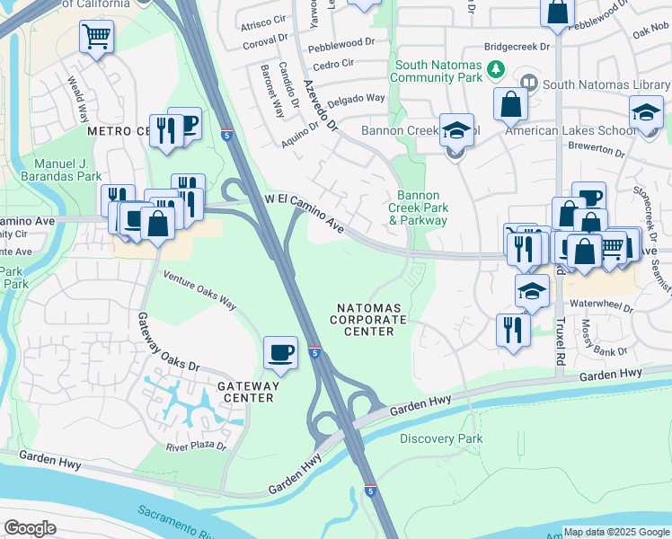 map of restaurants, bars, coffee shops, grocery stores, and more near 2020 West El Camino Avenue in Sacramento