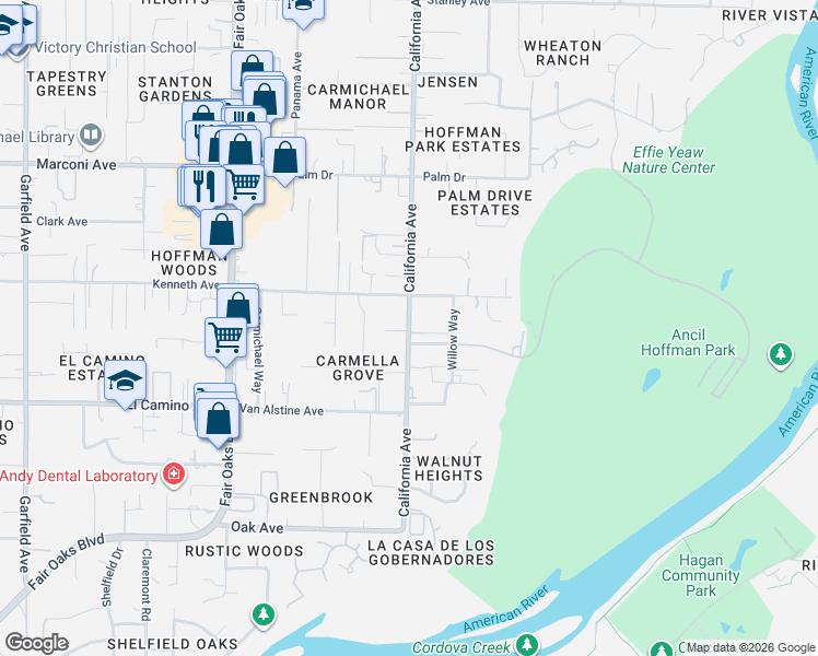 map of restaurants, bars, coffee shops, grocery stores, and more near 2600 California Avenue in Carmichael