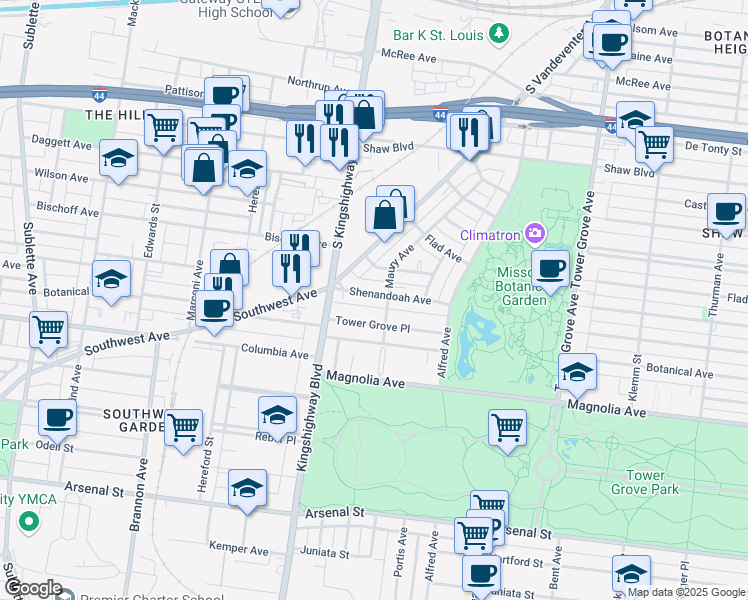 map of restaurants, bars, coffee shops, grocery stores, and more near 4601 Tower Grove Place in St. Louis