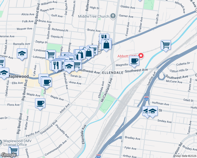map of restaurants, bars, coffee shops, grocery stores, and more near 7136 Rabenberg Place in St. Louis