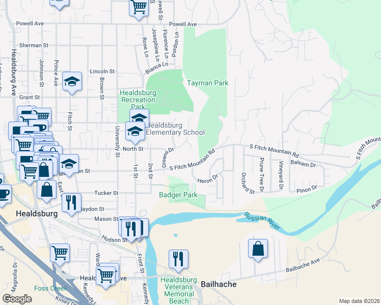 map of restaurants, bars, coffee shops, grocery stores, and more near 401 Fairway Court in Healdsburg