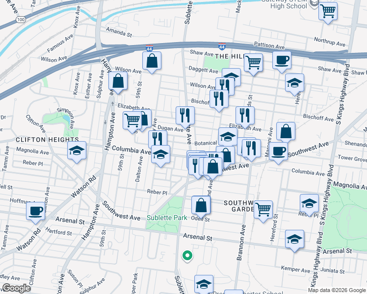 map of restaurants, bars, coffee shops, grocery stores, and more near 5504 Columbia Avenue in St. Louis