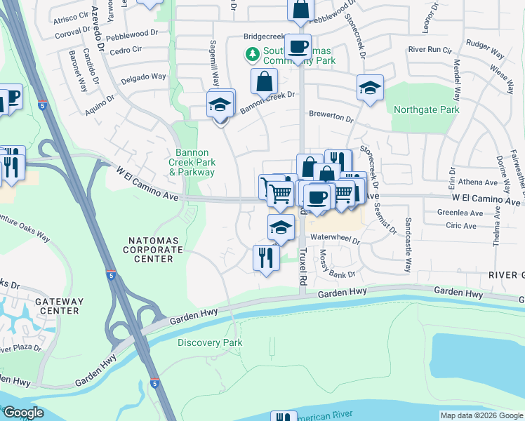 map of restaurants, bars, coffee shops, grocery stores, and more near 1640 West El Camino Avenue in Sacramento