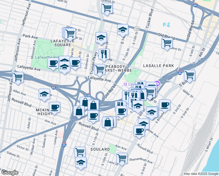 map of restaurants, bars, coffee shops, grocery stores, and more near 1810 South Tucker Boulevard in St. Louis