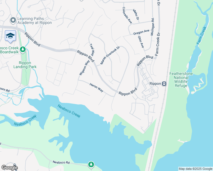 map of restaurants, bars, coffee shops, grocery stores, and more near 1601 Rippon Boulevard in Woodbridge