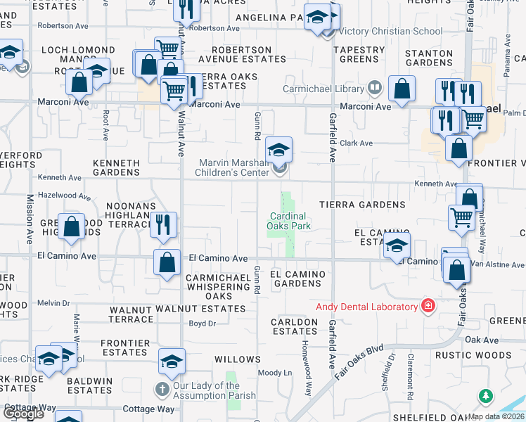 map of restaurants, bars, coffee shops, grocery stores, and more near 2548 Gunn Road in Carmichael